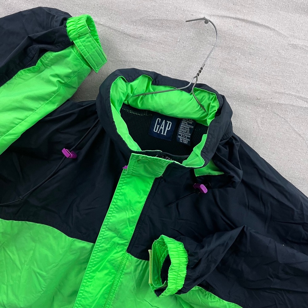 Vintage Gap Colorblock Windbreaker Jacket Black Neon Green Hooded Mens Large - Picture 2 of 7